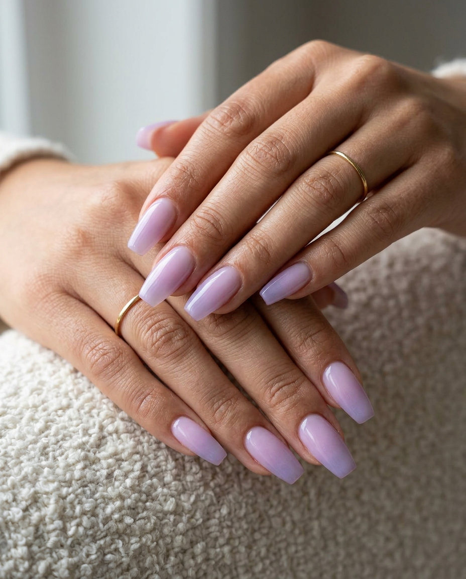 Milky Lilac Gradient Nails 2026 | Sophisticated Event Style Milky lilac gradient nails for summer vibes nails 2026. Sophisticated & ethereal for events.