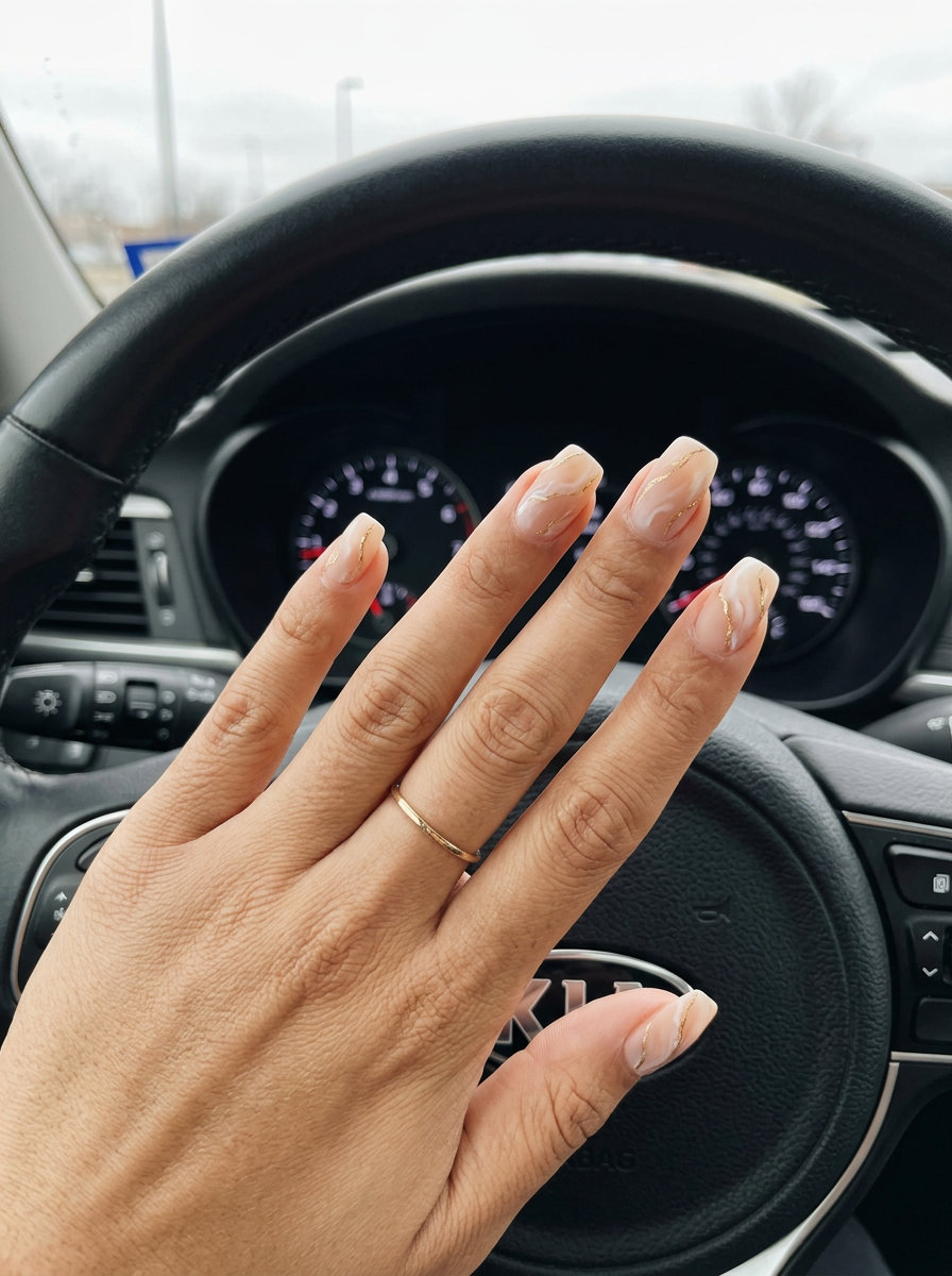 Nude Marble Gold Vein Nails 2026: Elegant Business Style Nude Milky Marble with Gold Veins nails: Sophisticated summer vibes nails 2026, ideal for business casual.
