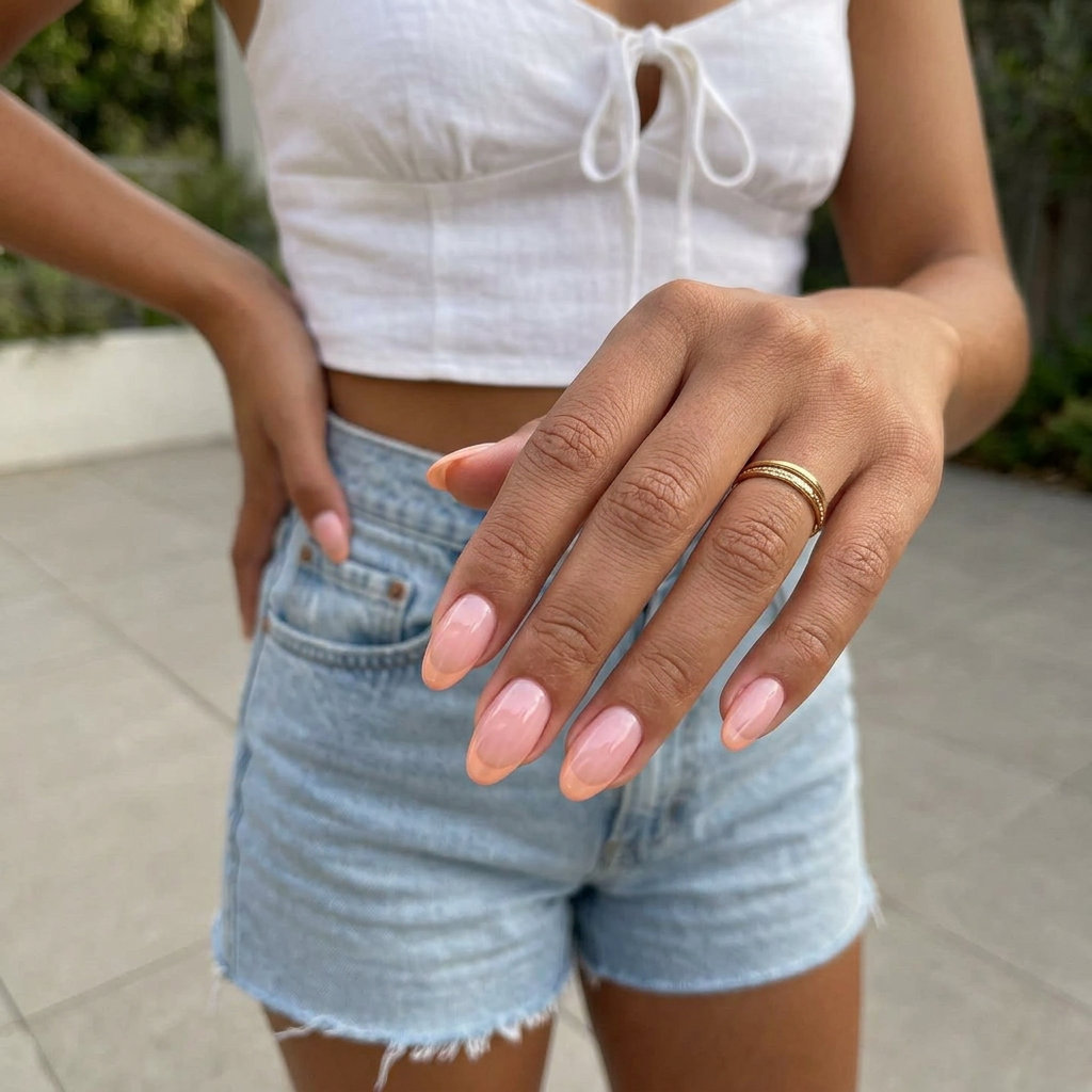 Sheer Peach Jelly Micro French Nails 2026 | Effortless Style Sheer peach jelly micro French nails for summer vibes nails 2026. Clean & effortless style.