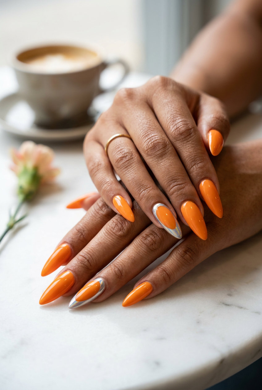 Tangerine Chrome Accent Nails 2026: Edgy Party Style Tangerine Chrome Accents nails: Vibrant tangerine with holographic chrome cuticle for edgy summer vibes nails 2026.