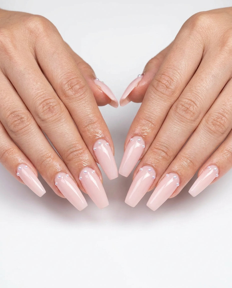 Blush Pearl Coffin Glam nails: feminine pale blush pink with iridescent pearls for summer wedding nails 2026.