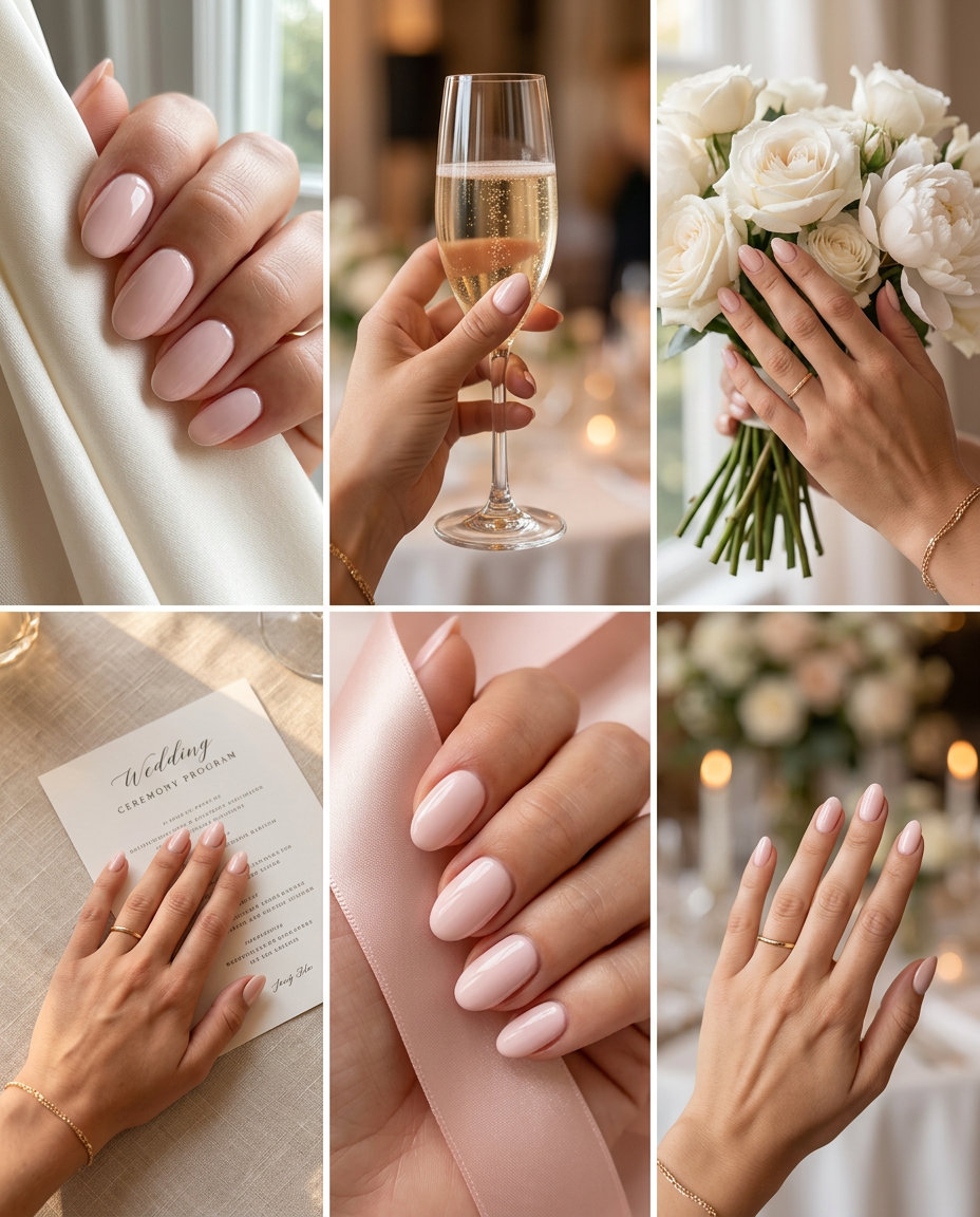 Classic Blush Oval nails for summer wedding nails 2026. Romantic pale blush pink gel polish for polished style.