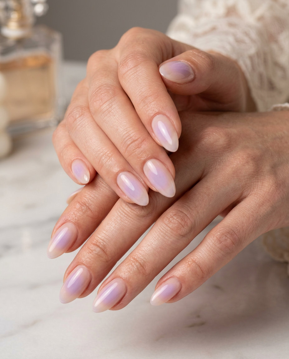 Lavender Sheer Aura nails for summer wedding 2026: sheer nude with light lavender gradient.