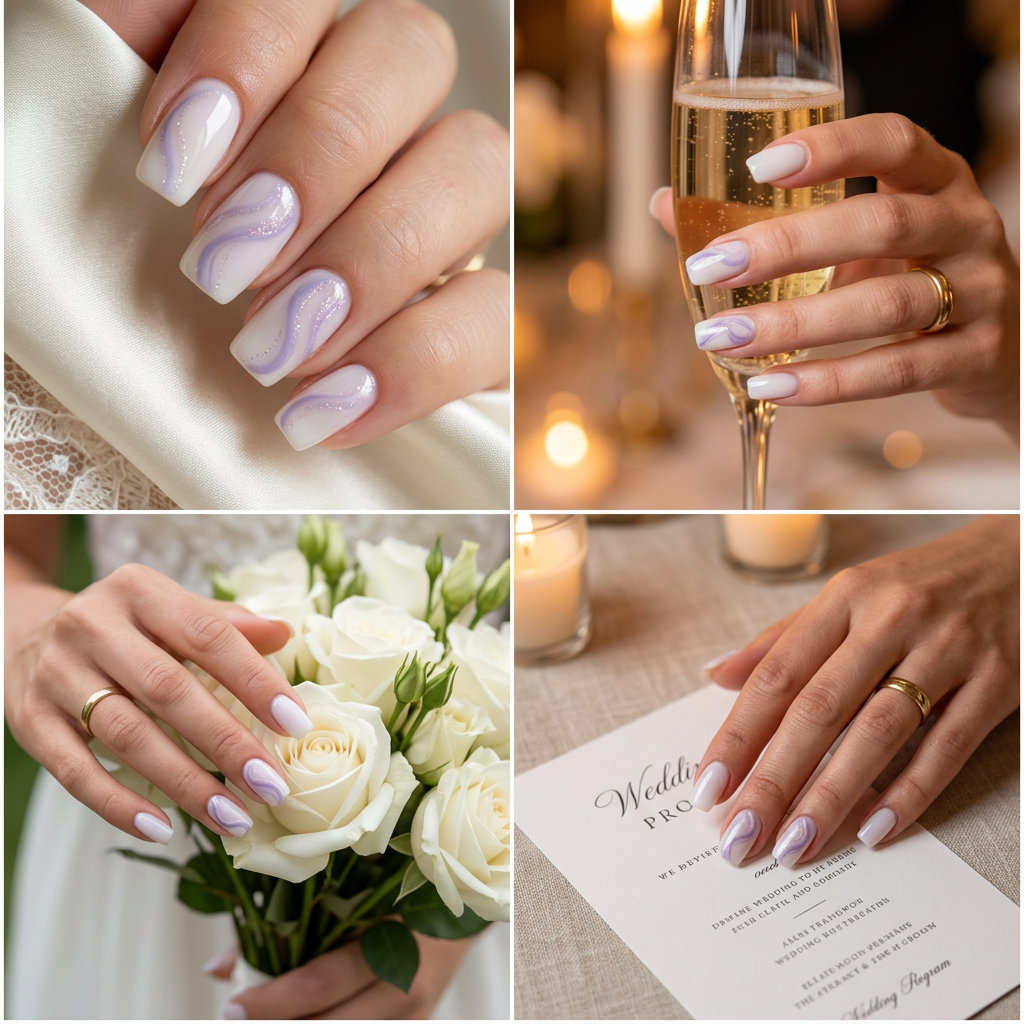 Lavender Swirls Square Elegance nails: whimsical, ethereal soft lavender swirls with shimmer for summer wedding nails 2026.