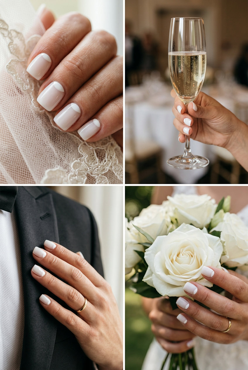 Lunar White Reverse French nails: minimalist, chic modern milky white with crisp white crescent moon for summer wedding nails 2026.