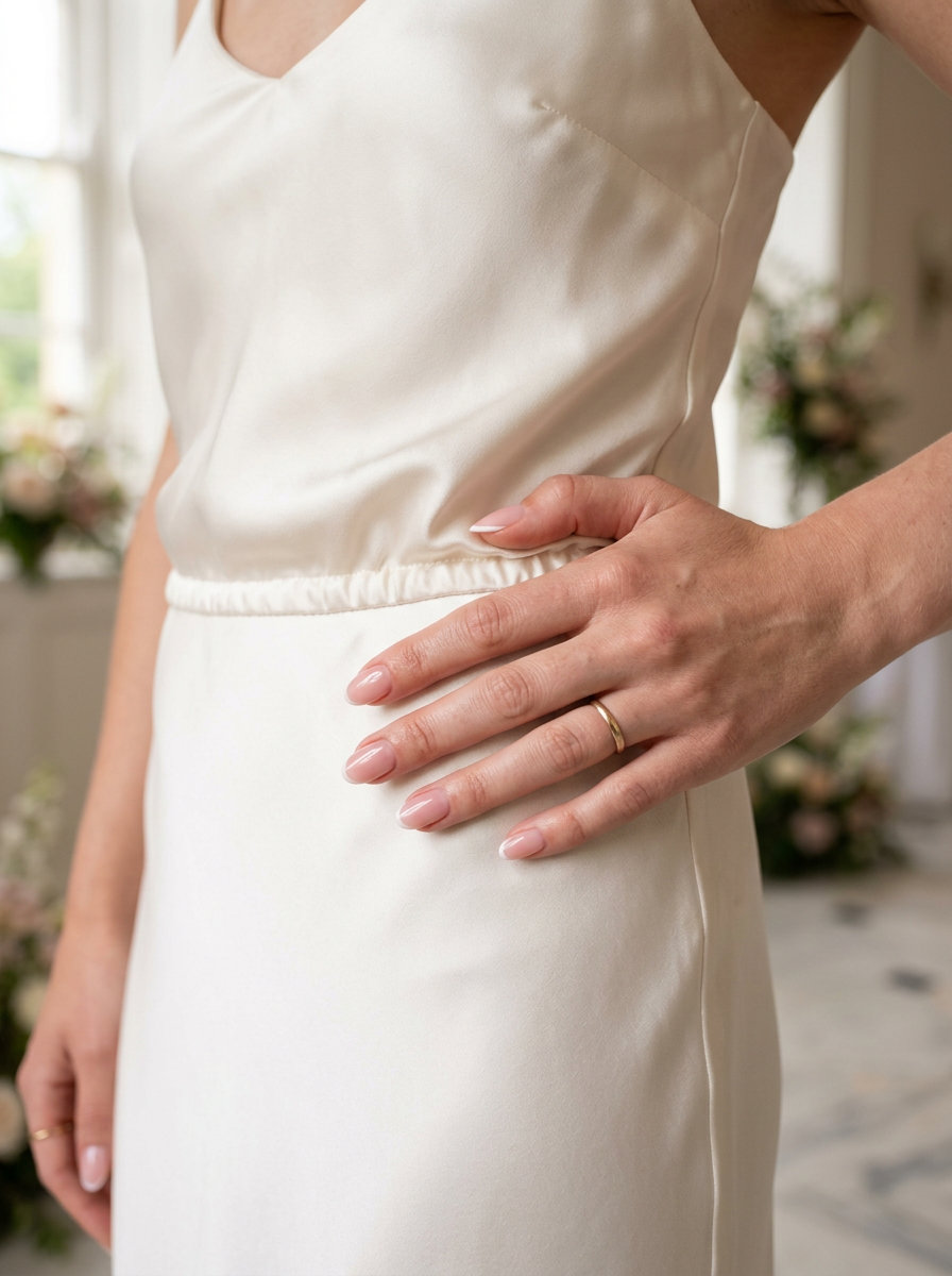 Pale Blush Jelly Micro-French nails for summer wedding 2026: sheer blush pink, white tips.