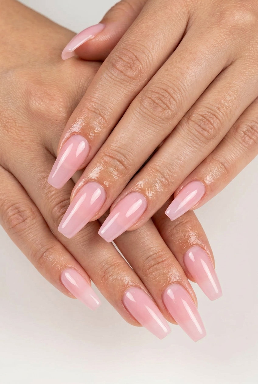 Pale Pink Jelly Coffin nails: romantic, chic, and playful translucent pale pink for summer wedding nails 2026.