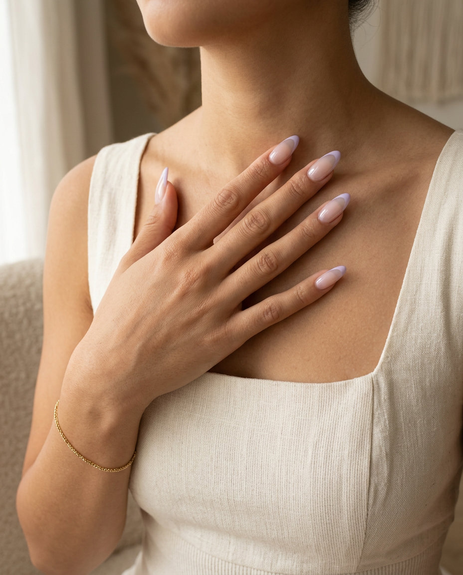 Pastel Dream Micro-French nails for summer wedding 2026: sheer nude with light lavender tips.