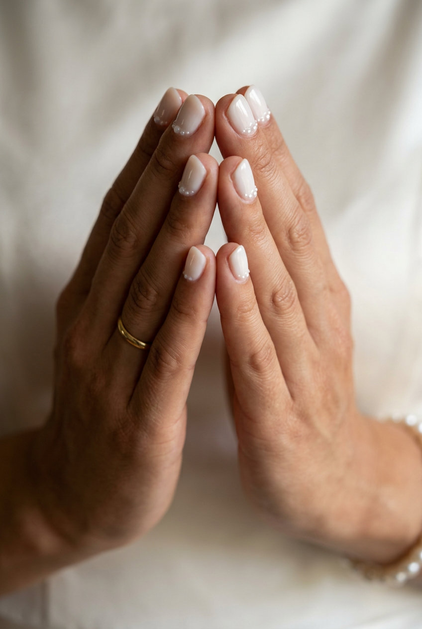 Pearl Accent Short Round nails for summer wedding nails 2026. Romantic milky white gel with iridescent pearl accents.