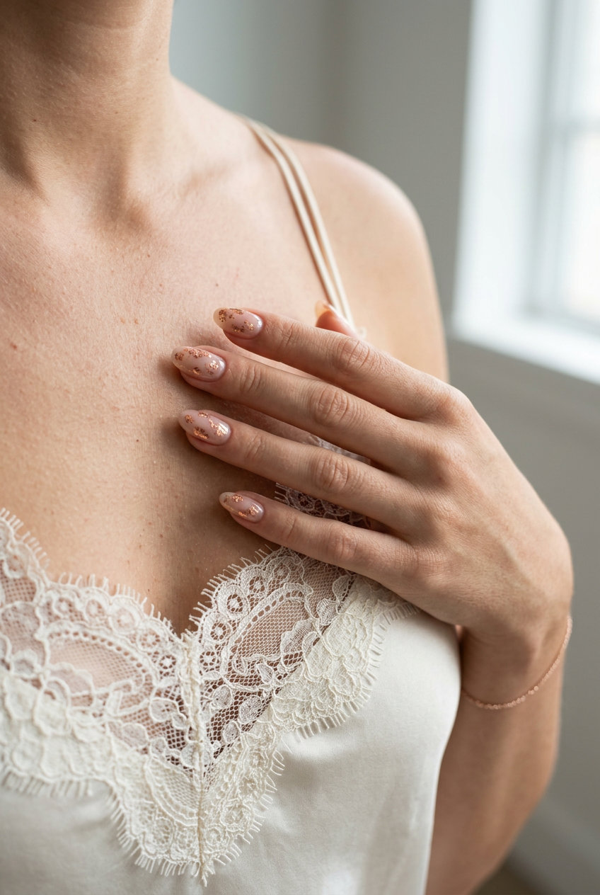Rose Gold Shimmer Accent nails for summer wedding 2026: sheer nude with rose gold flakes.