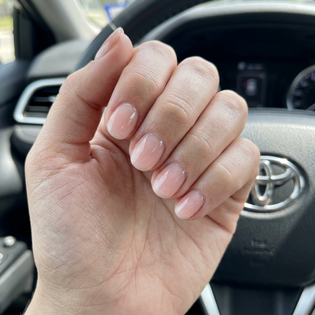 Soft Bloom Ombre nails for summer wedding 2026: sheer nude to milky pink gradient.