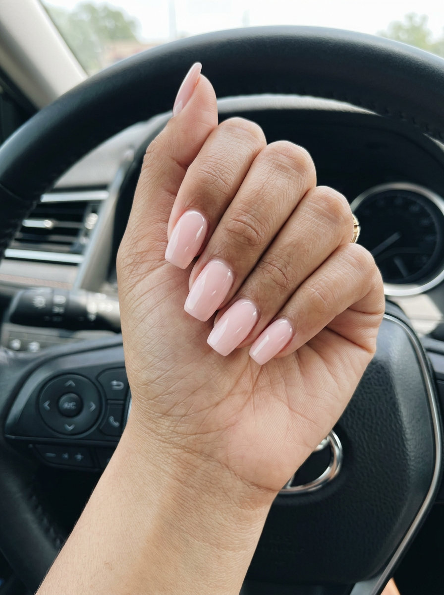 Soft Blush Milky Squoval nails for summer wedding 2026: opaque soft blush pink.