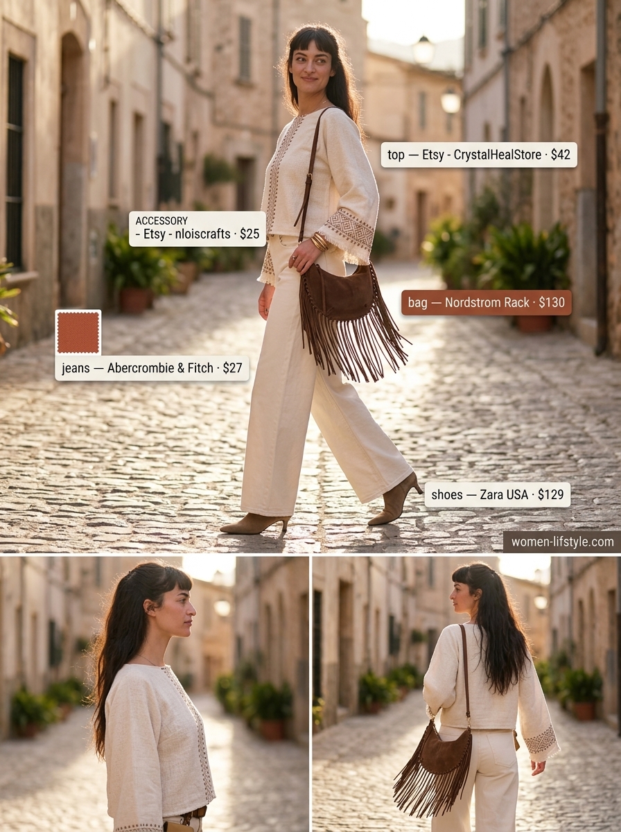 Boho chic summer white jeans outfit for women 2026: Embroidered blouse, suede boots, and fringe bag.