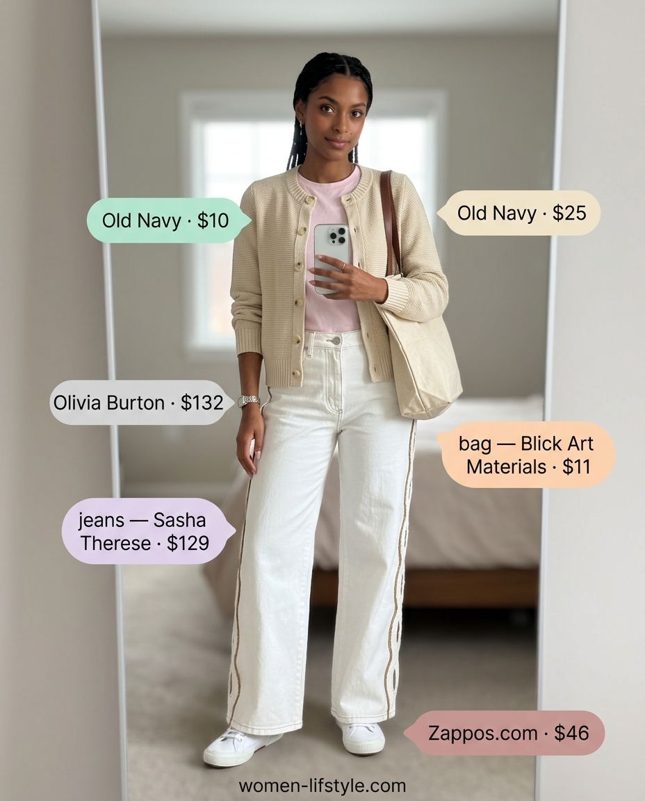 Casual Summer White Jeans Outfits for Women 2026: Relaxed jeans, t-shirt, cardigan, tote, sneakers.