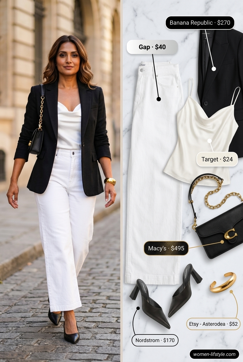 Chic summer evening white jeans outfit for women 2026: Wide-leg jeans, satin cami, and black blazer.