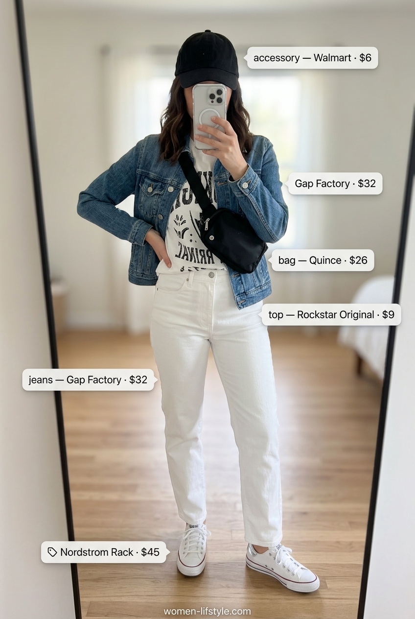 Casual summer white jeans outfit for women 2026: Denim jacket, graphic tee, sneakers, and belt bag.