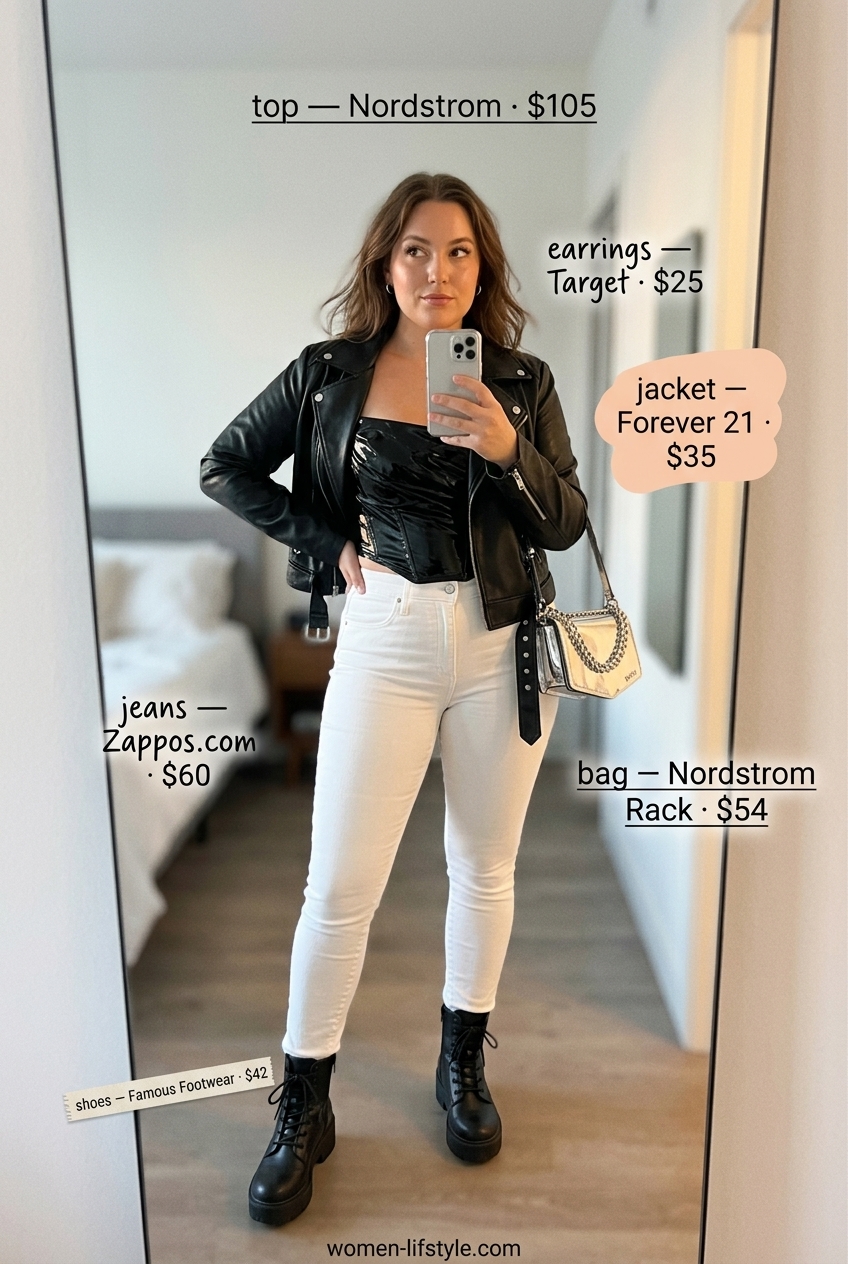 Edgy Summer White Jeans Outfits for Women 2026: Moto jacket, corset top, white jeans, silver bag.