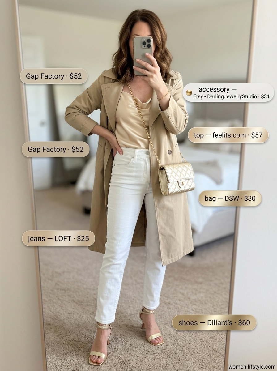 Elegant Summer White Jeans Outfits for Women 2026: Slim jeans, satin cami, trench coat, heeled sandals.