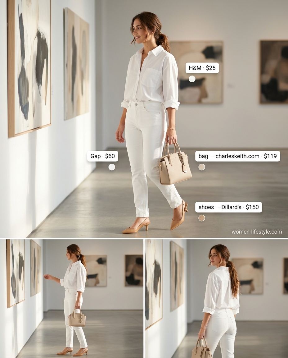 Modern minimalist summer white jeans outfit for women 2026: Slim jeans, crisp shirt, and slingbacks.