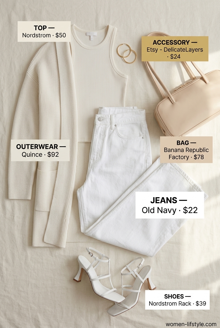 Monochromatic white summer jeans outfit for women 2026: Knit top, duster cardigan, and heeled sandals.