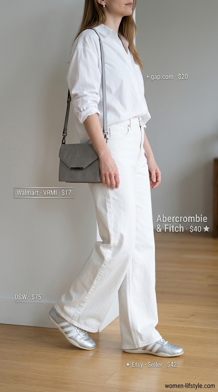 Monochrome minimalist summer white jeans outfit for women 2026: Wide-leg jeans, white shirt, silver sneakers.