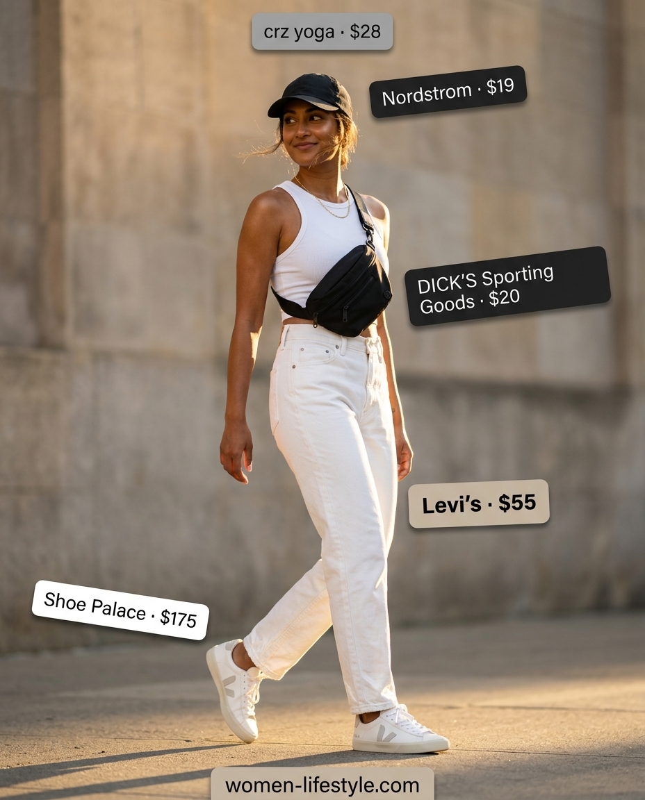 Sporty chic summer white jeans outfit for women 2026: Mom jeans, crop top, sneakers, and baseball cap.