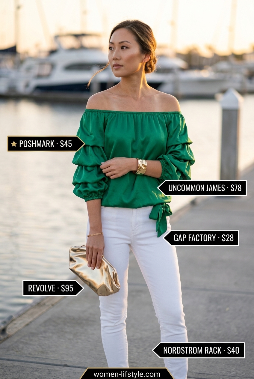 Sophisticated Summer White Jeans Outfits for Women 2026: Skinny jeans, off-shoulder blouse, metallic sandals.