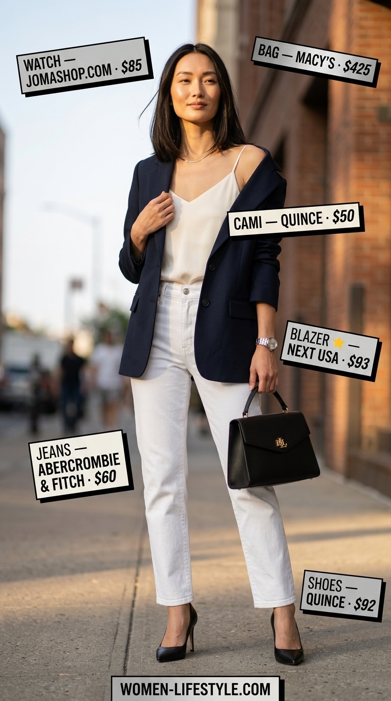 Professional Summer White Jeans Outfits for Women 2026: Tailored blazer, white jeans, pumps, satchel.