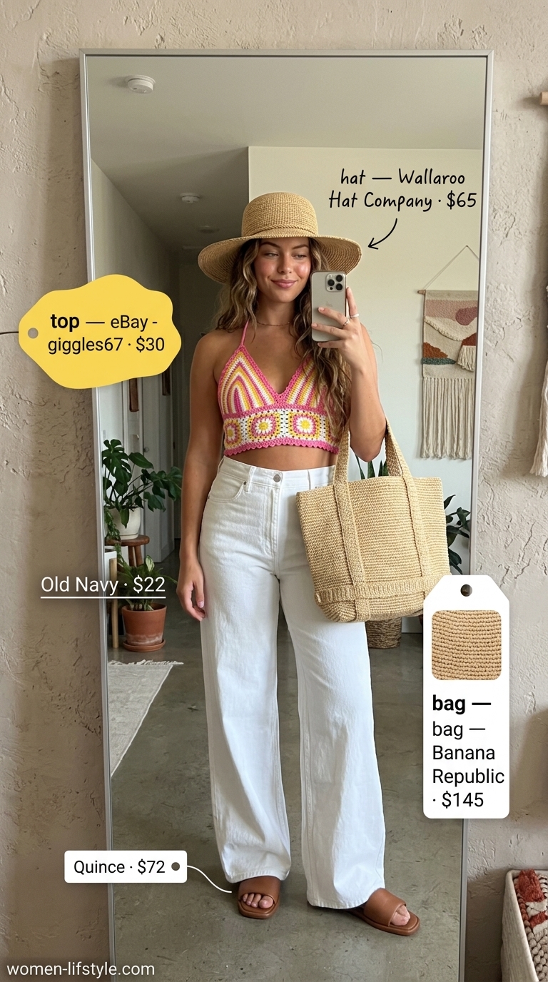 Vacation Summer White Jeans Outfits for Women 2026: Crochet top, wide-leg jeans, straw hat, tote.