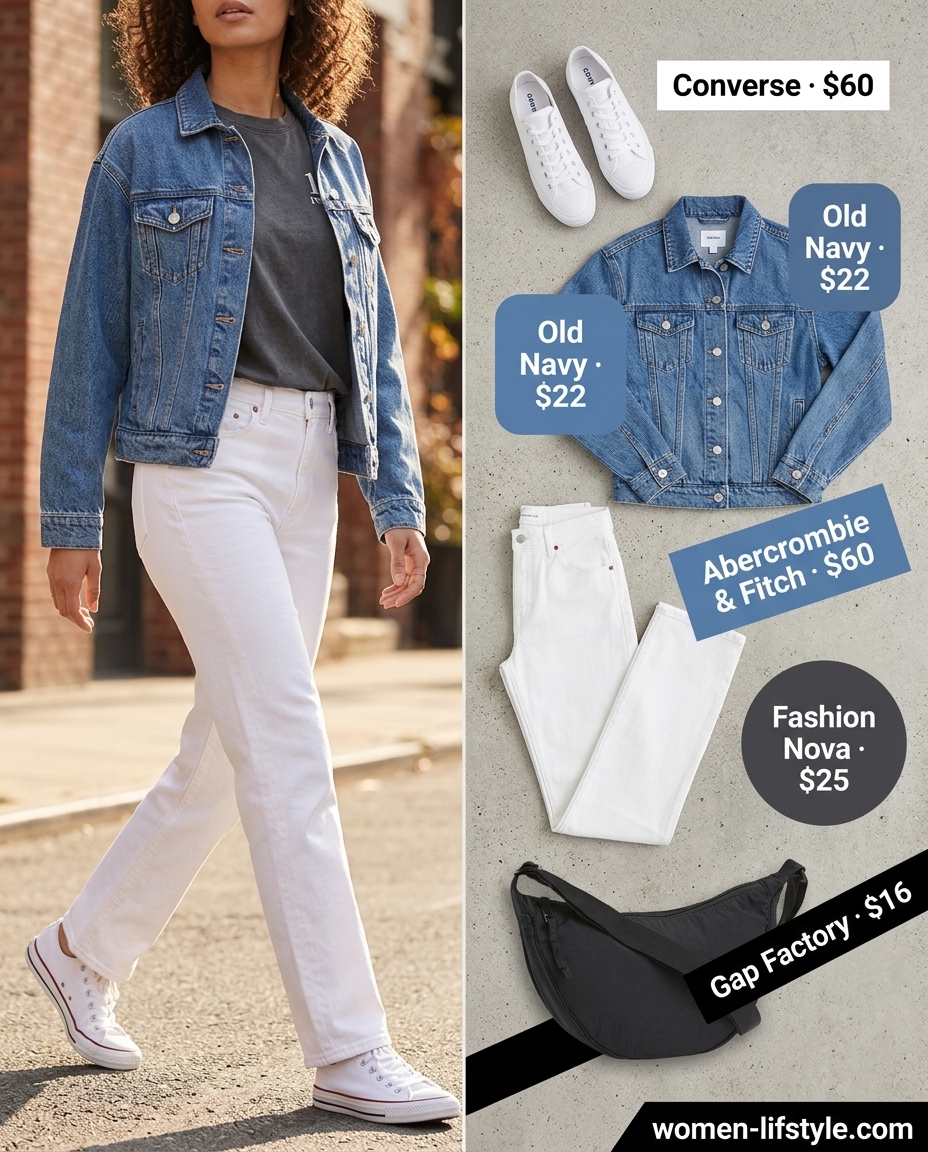 Casual Weekend Summer White Jeans Outfits for Women 2026: Graphic tee, denim jacket, white jeans, sneakers.