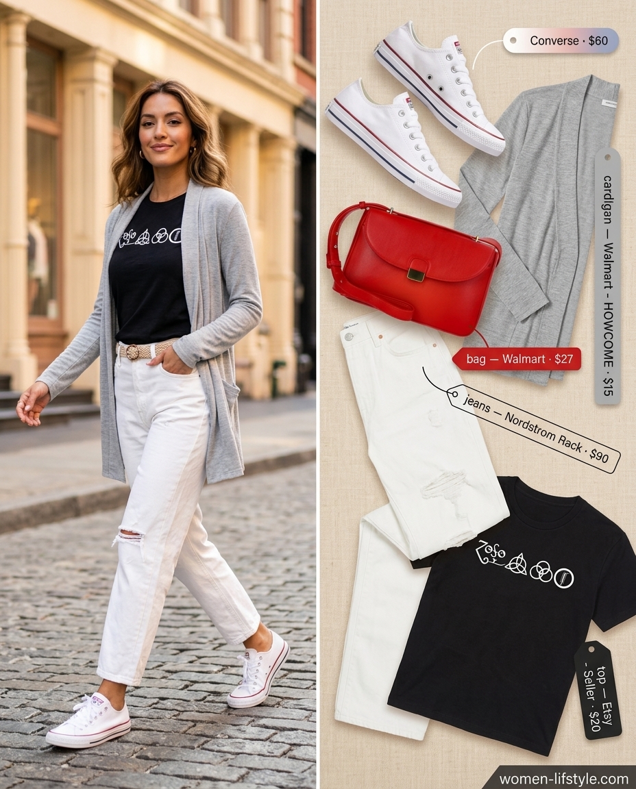 Weekend casual cool: boyfriend white jeans, graphic tee, grey cardigan, red crossbody, sneakers.