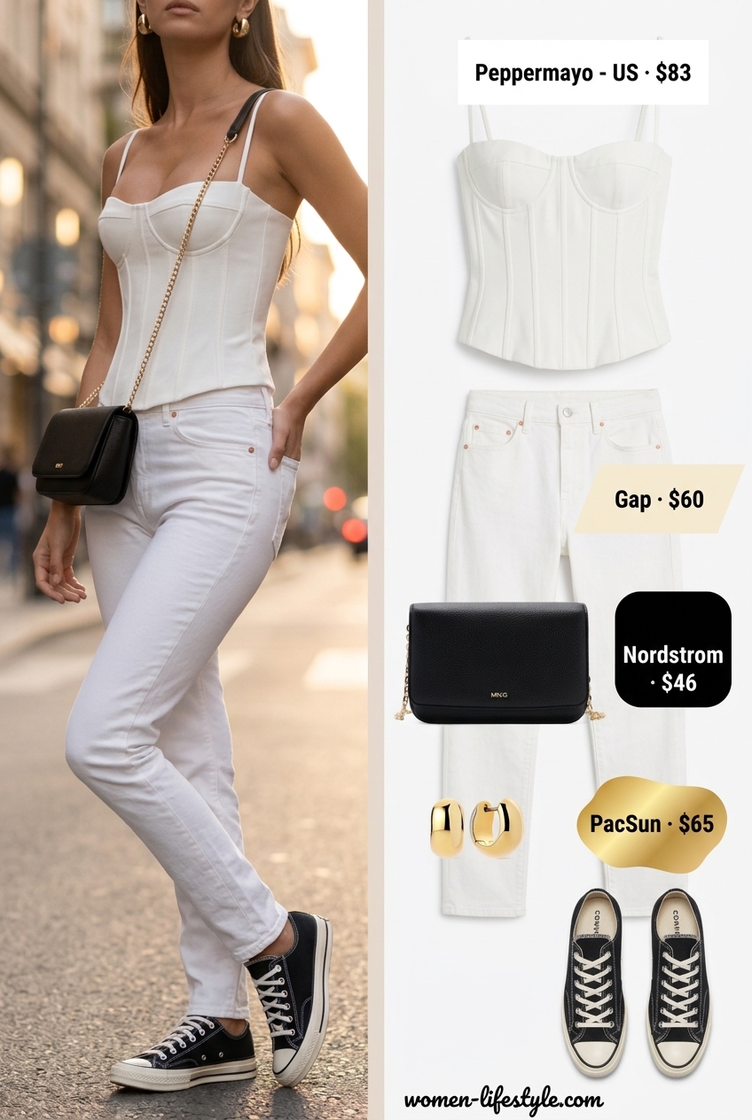 Chic city exploration outfit: white jeans, cream corset top, gold hoops, black crossbody & kitten heels for summer.