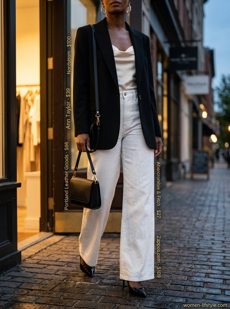 City chic white denim outfit: wide-leg jeans, black blazer, cream cami, black heels for evening.