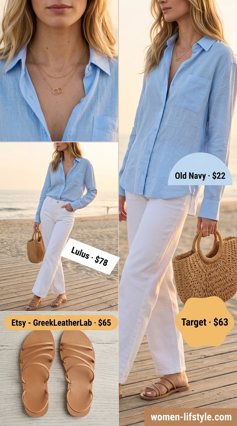 Coastal breeze outfit: white jeans, sky blue linen shirt, tan sandals, straw tote for summer day.