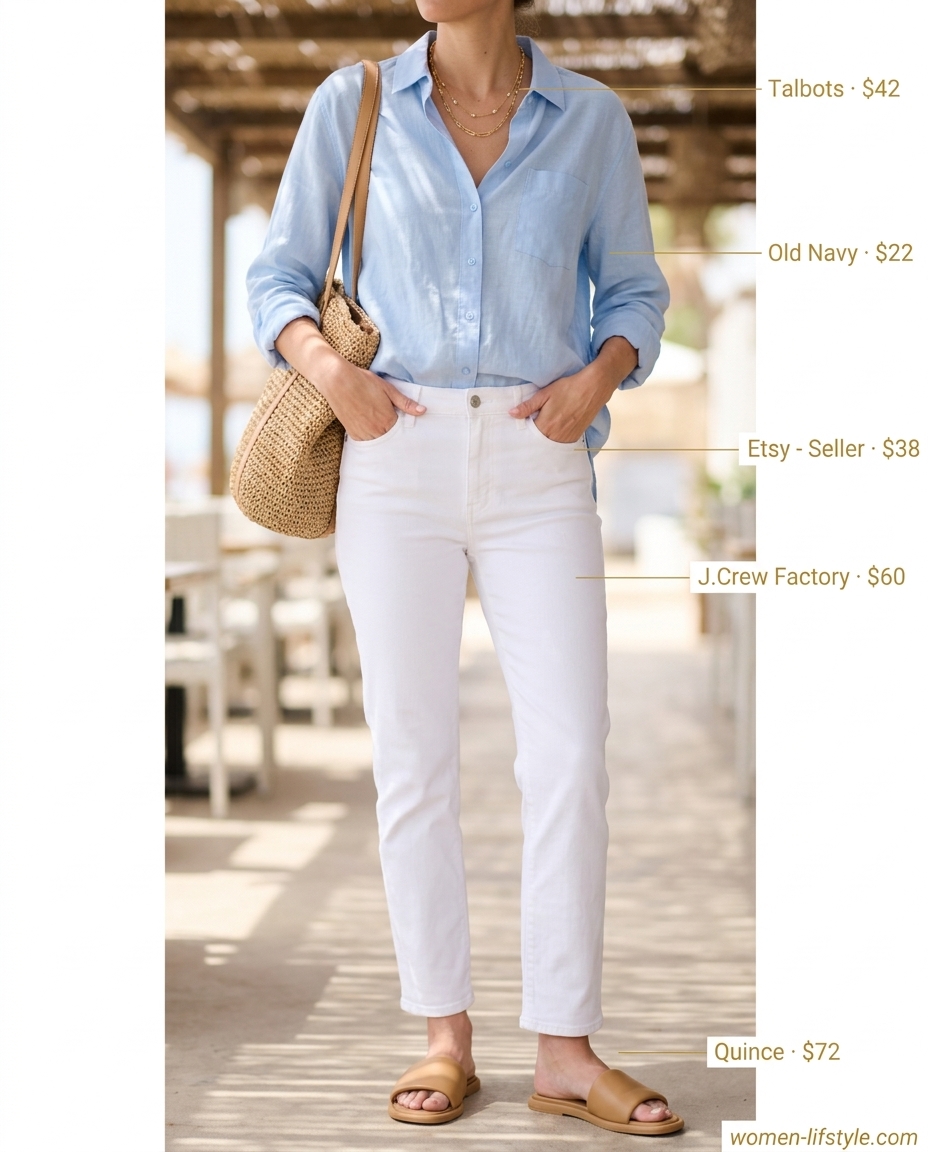 Coastal chic outfit: white straight-leg jeans, sky blue linen shirt, tan slides, straw tote.