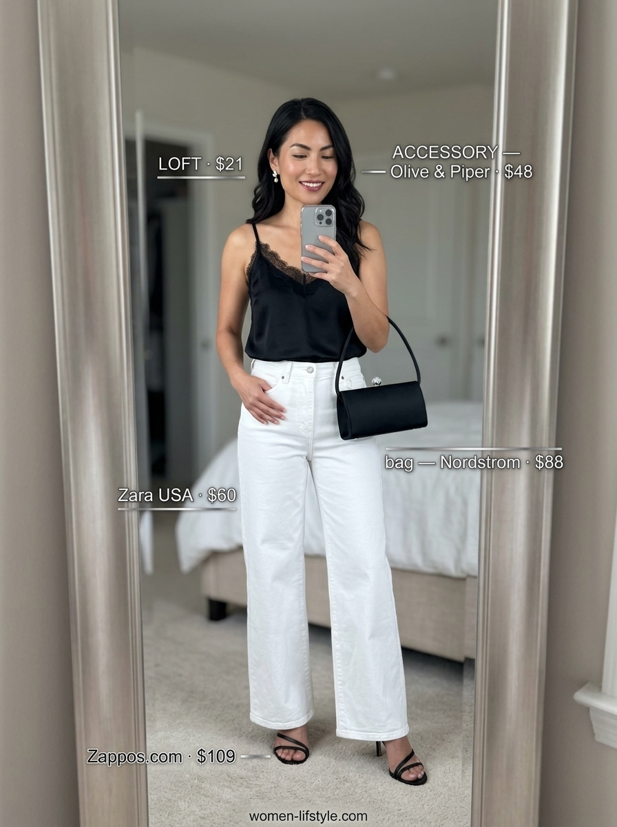 Summer evening elegance: white wide-leg jeans, black satin cami, black heels, silver earrings.