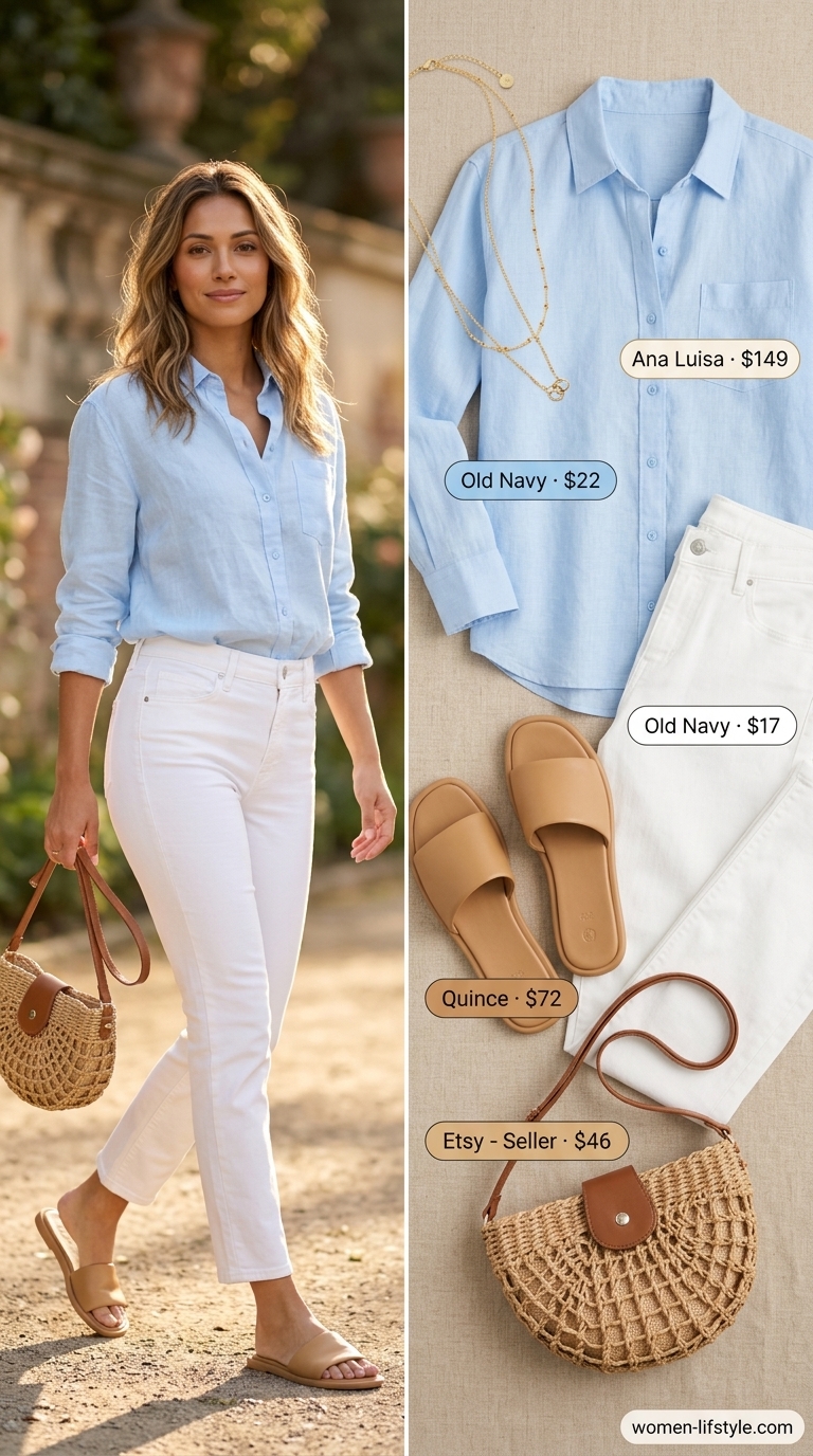 Relaxed coastal outfit: white straight-leg jeans, blue linen shirt, tan sandals, straw crossbody.