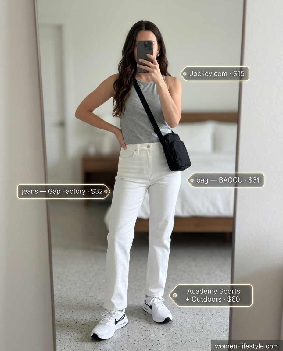 Sporty summer comfort outfit: white jeans, grey tank, black crossbody, white sneakers for active days.