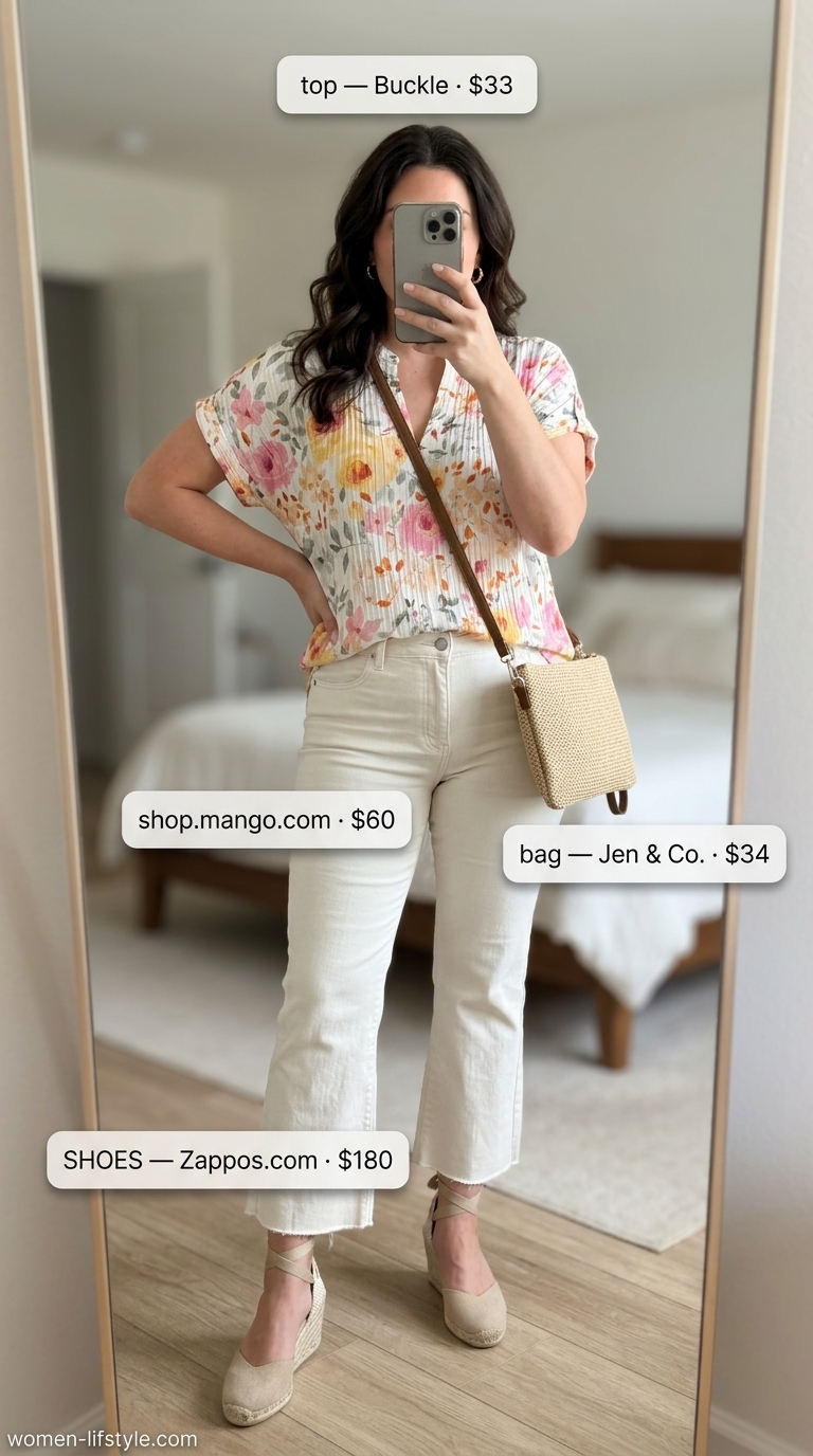 Weekend brunch outfit: cropped white flare jeans, floral blouse, espadrilles, straw bag.