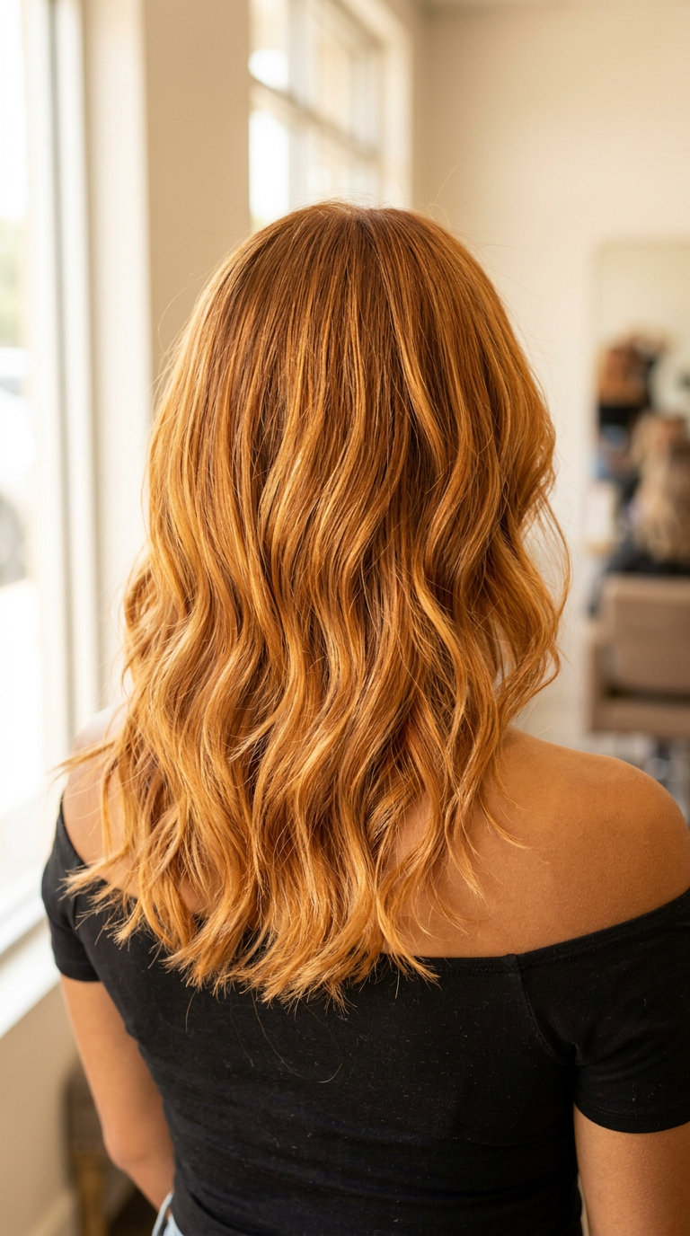 long sun-kissed auburn haircut with copper balayage, golden orange highlights, no fringe — radiant