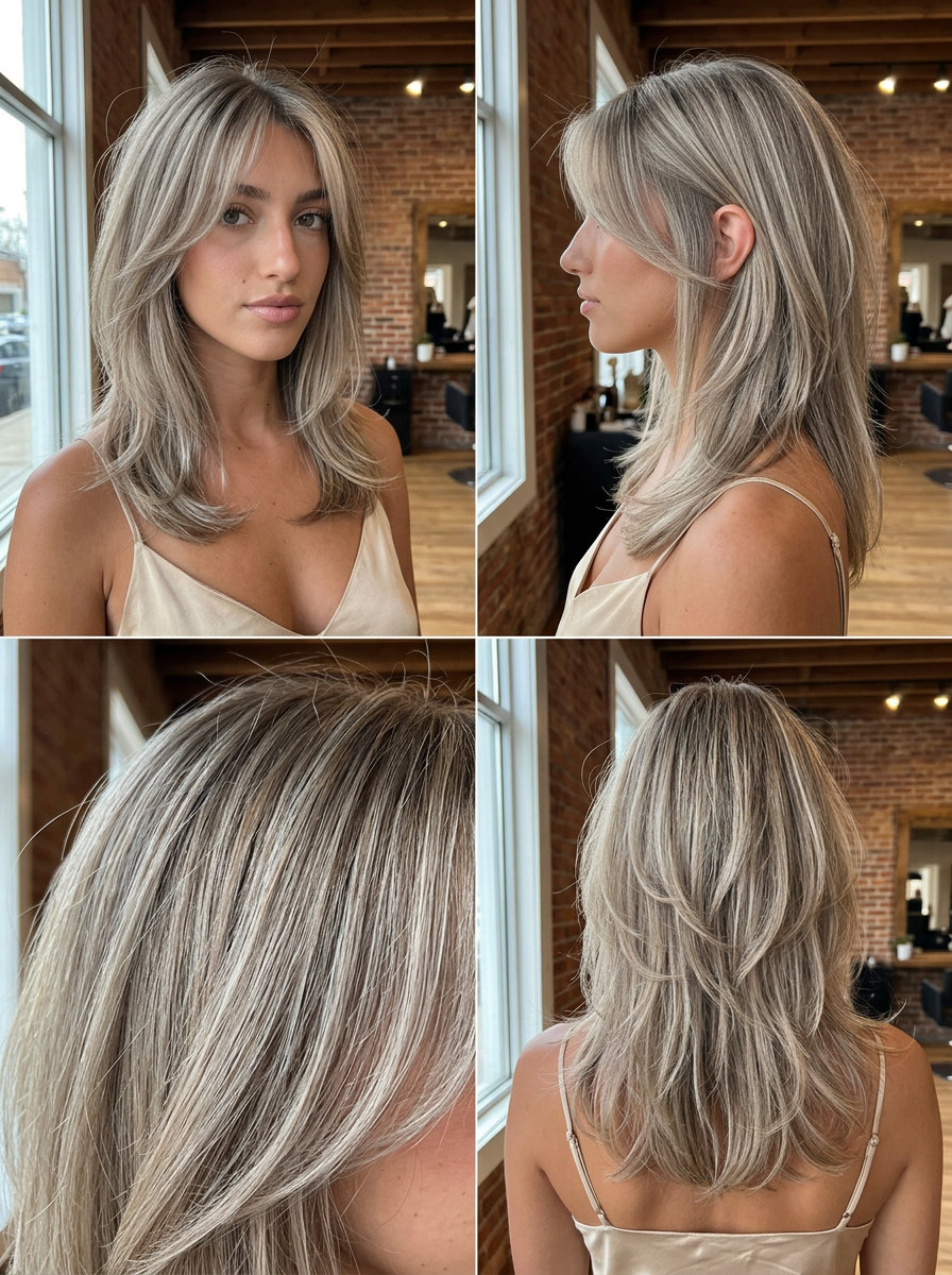 long shag haircut with cool-toned sun-kissed babylights, airtouch balayage, curtain fringe — bohemian effortless