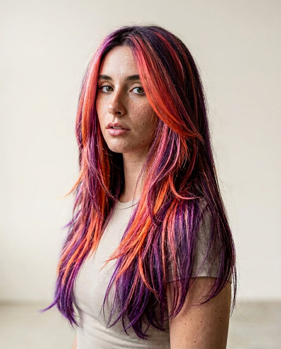long layered haircut in hot pink to neon coral to electric orange, razored texture, no fringe — bold festival style