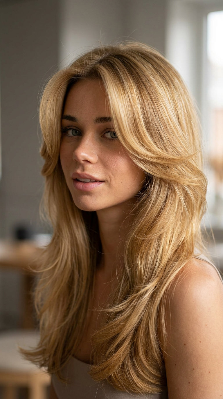 long butterfly layered haircut in syrup blonde with amber lowlights, face-framing layers for glam