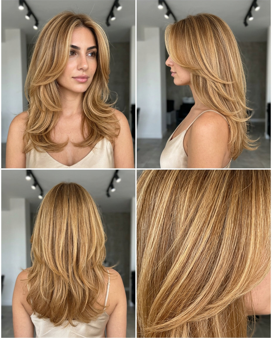 long C-shaped layered haircut in golden syrup blonde, honey undertones for brunch