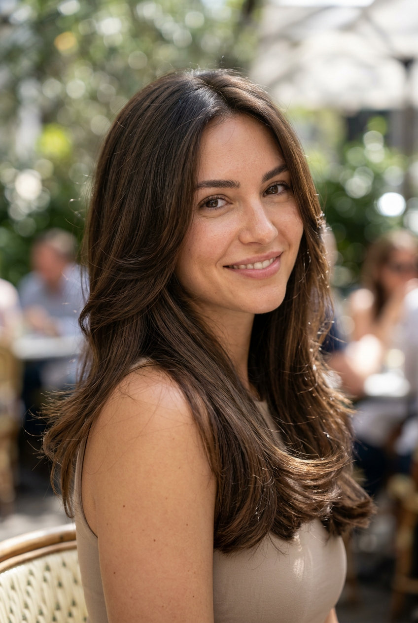 long layered haircut in syrup blonde with honey babylights, soft layers, no fringe — polished playful style