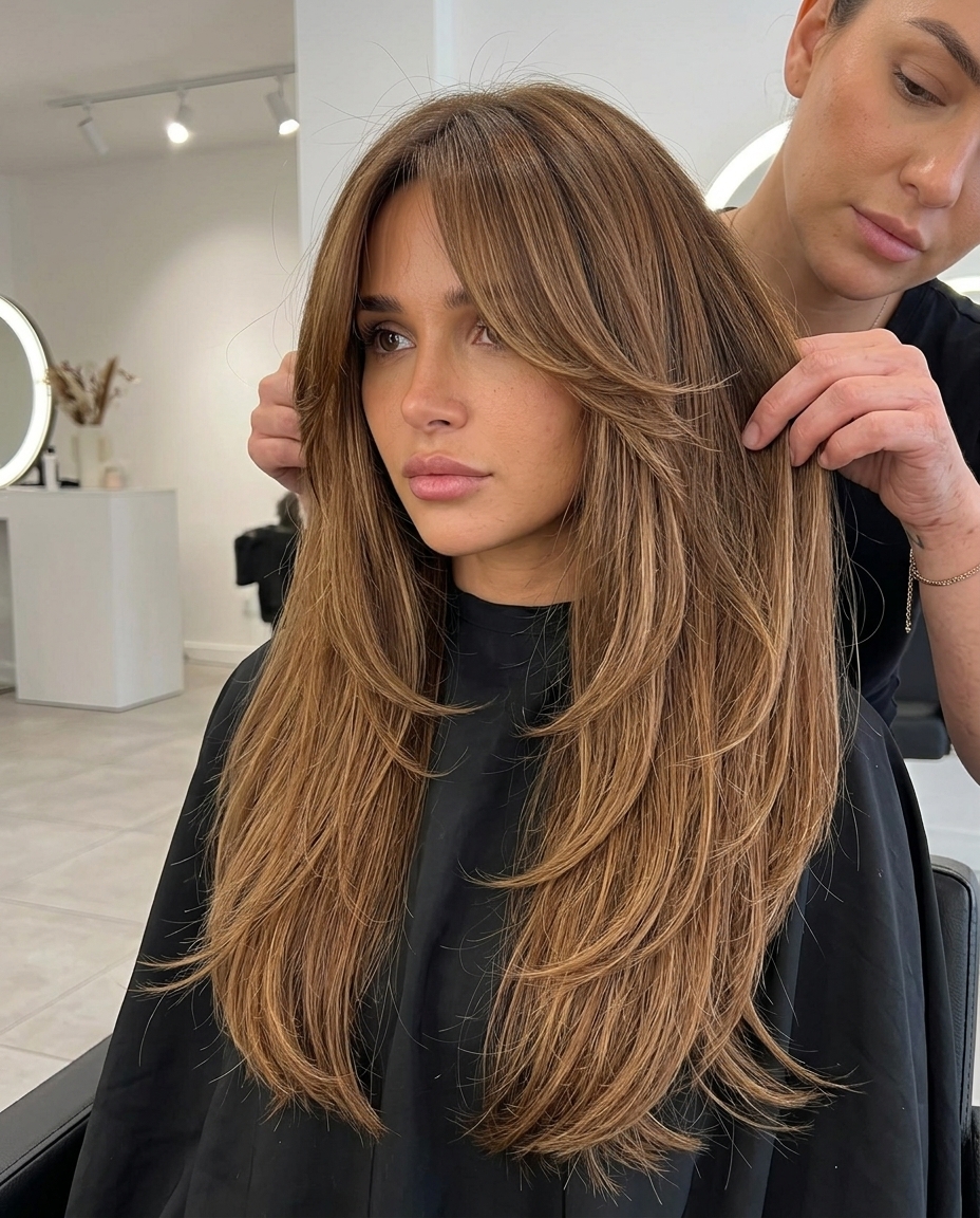 extra-long syrup brown hair with golden-amber highlights, sweeping curtain bangs, romantic waves for summer wedding