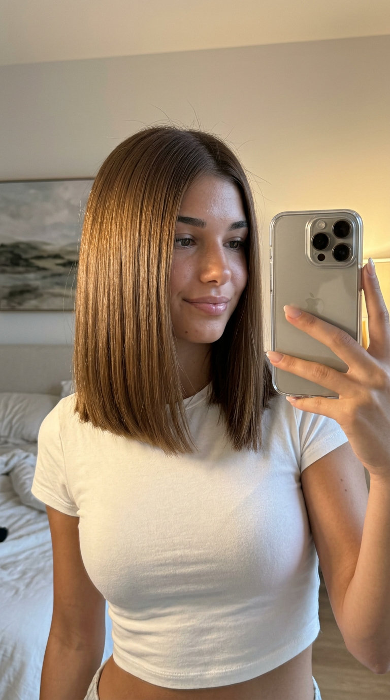 chin-length blunt cut with syrup brunette, clean center part — chic summer hair