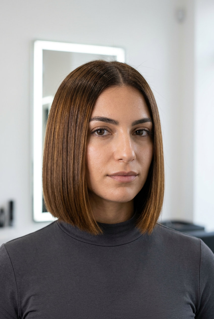 chin-length blunt bob haircut with deep syrup brunette, razor-sharp ends for sophisticated style
