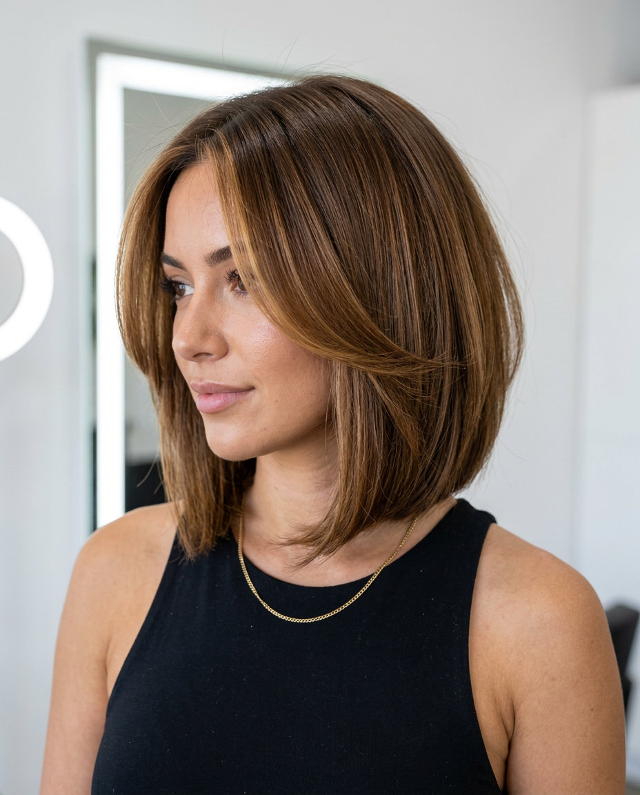 collarbone butterfly bob in syrup brunette with caramel money pieces, internal crown layers, no bangs — chic business meeting style
