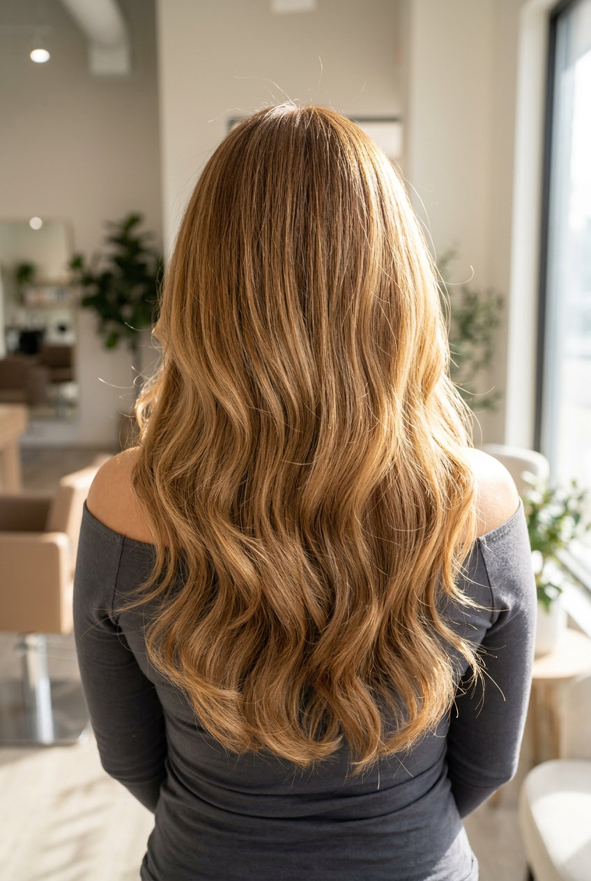 long flowing brunette hair with golden honey gloss, soft sweeping layers, subtle U-cut back — glamorous event